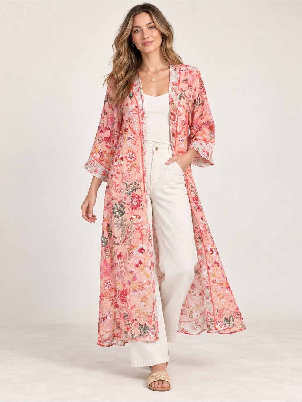 Vismaya 100% Cotton Floral Long Kimono Duster Pink Boho